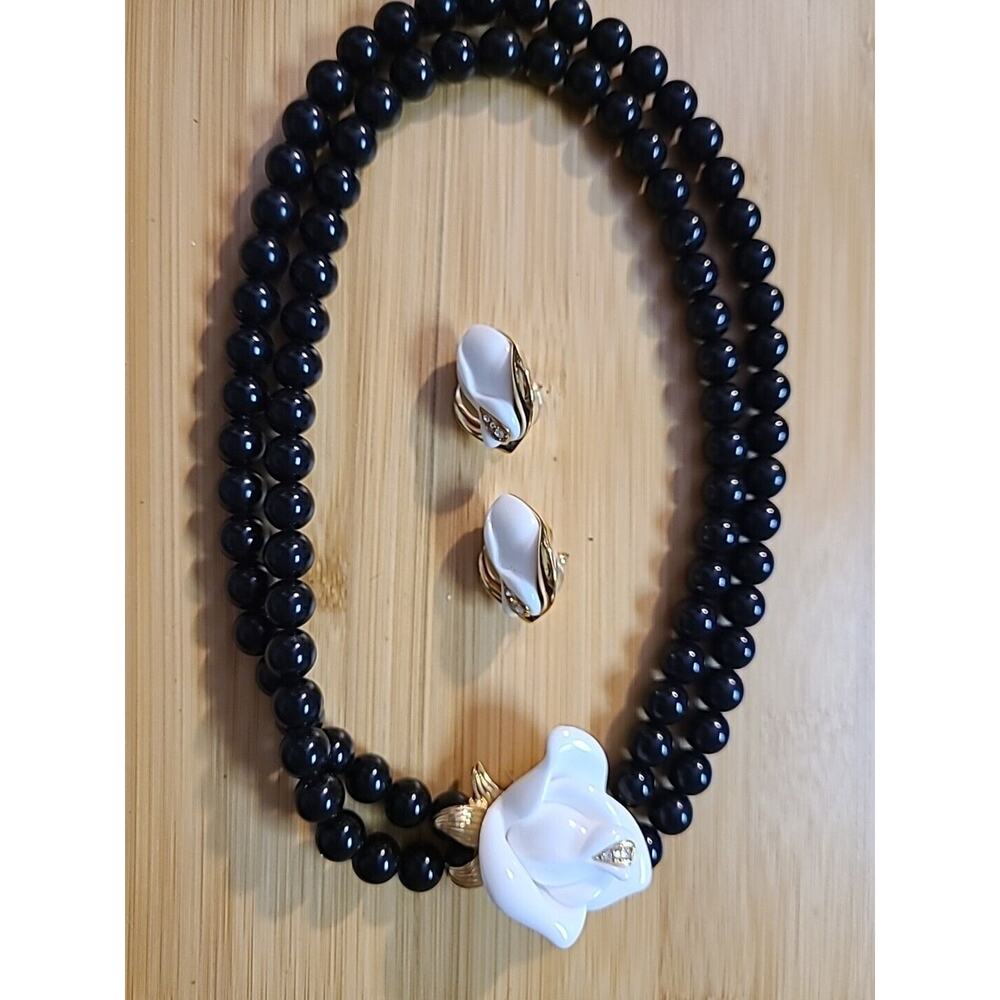 KJL for Avon White Rose Double Strand Black Bead Necklace and Pierced Earrings
